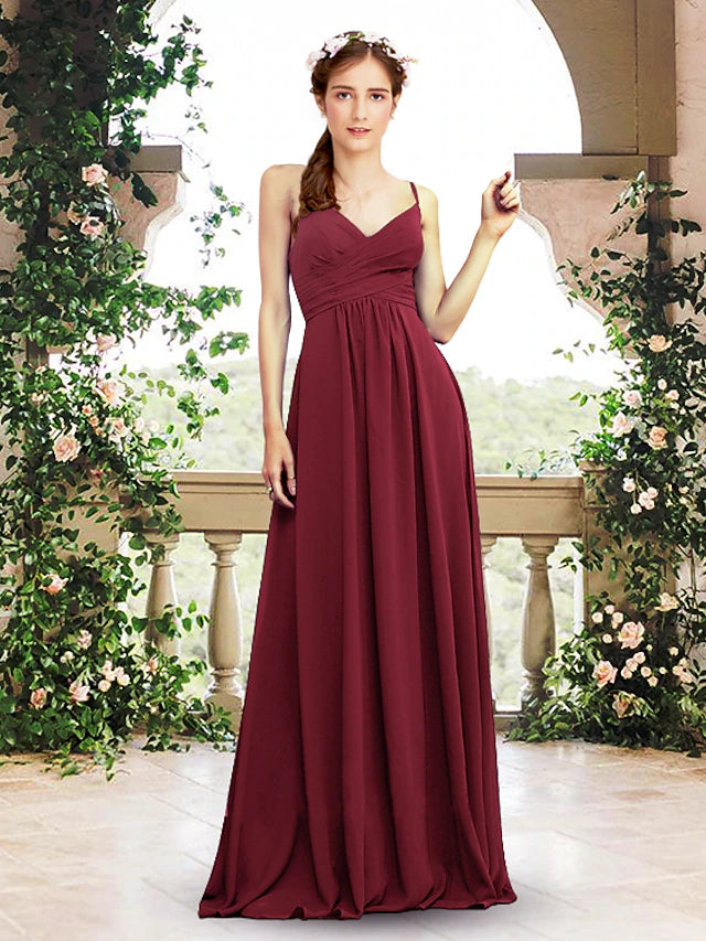 Luolandi A-Line Bridesmaid Dress V Neck / Spaghetti Strap Sleeveless Elegant Floor Length Chiffon